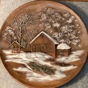 Vintage Bryon Mold (1972) 13” Wall Hanging. 3D Farm Winter Scene.